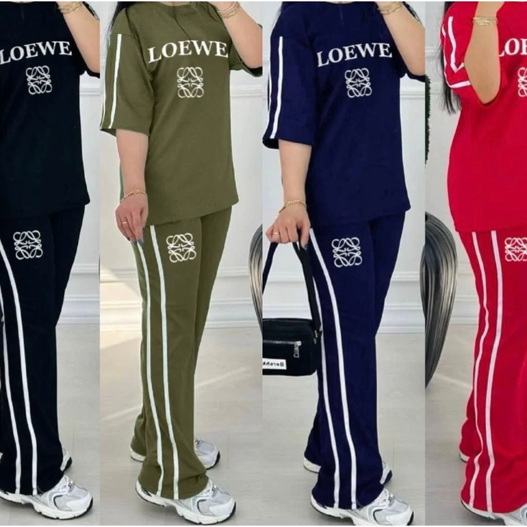 ست تیشرت و شلوار زنانه مدل loewe جنس ویسکوز پنبه فول کش فری سایز 36 تا 46